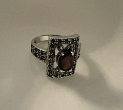 Sterling Silver Art Deco Garnet & Marcasite Filigree Ring Size 7