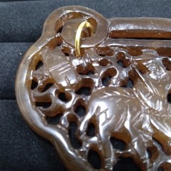 Carved Brown Stone Pendant Gold Tone