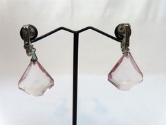 Silver Tone Pink Crystal Rhinestone Dangle Drop Clip On Earrings Vintage