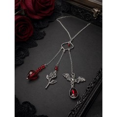 Handmade Gothic Triple Dangle Necklace Heart Pendant with Bat, Rose Red Crystal
