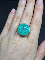 Rare Ancient Bronze Ring Carved Green Stone Animal Motif Antique Size 9 US