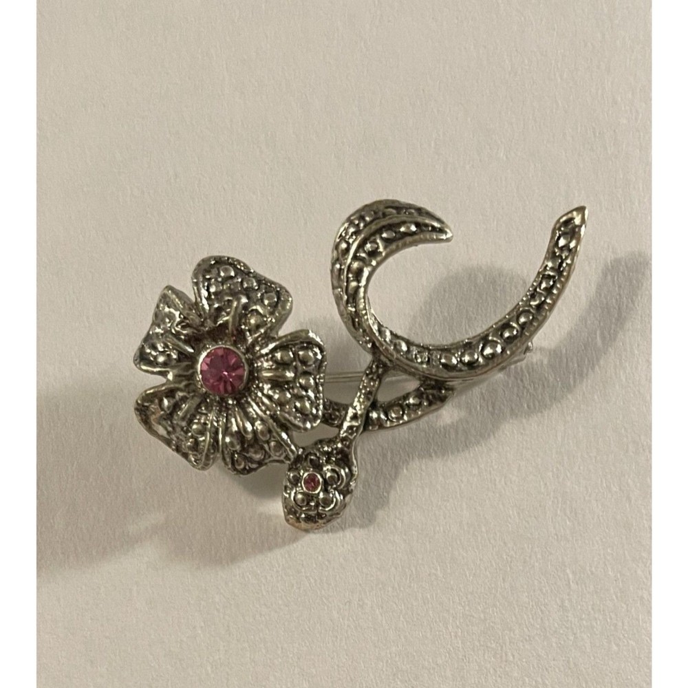 Vintage AAi Silver Tone Pink Rhinestone Flower Stem Brooch Pin Marcasite Style