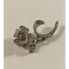 Vintage AAi Silver Tone Pink Rhinestone Flower Stem Brooch Pin Marcasite Style
