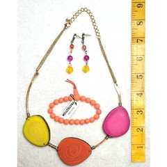 Vtg Genuine Multi Color Agate Jasper Slab Statement Necklace Bracelet Earrings