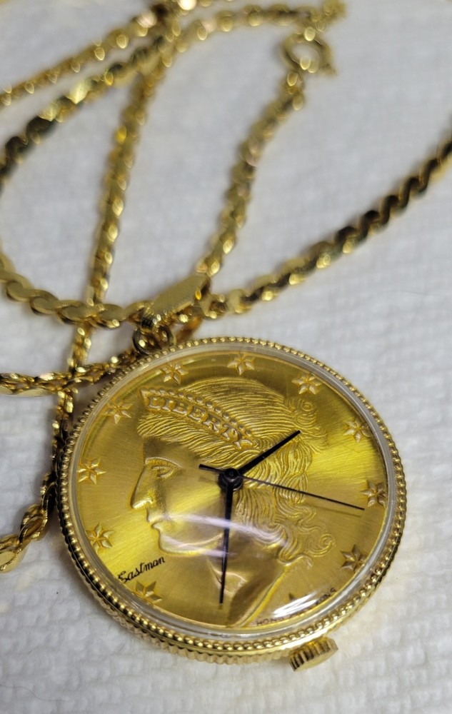 Vintage Eastman Liberty Coin Pendant Watch Swiss Movement Necklace