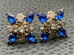 Vintage Blue Faux Sapphire Rhinestone Crystal Cluster Screw Back Earrings