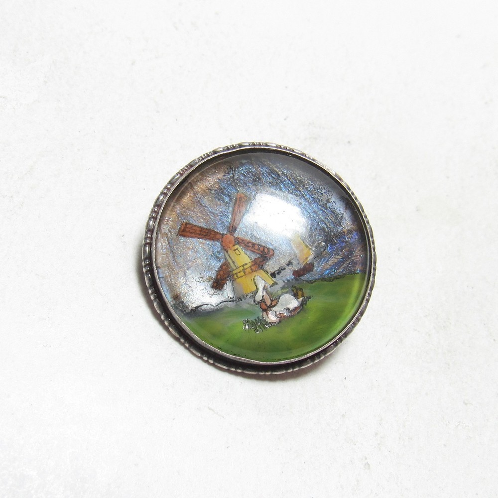1890s Victorian Sterling Silver Enamel Butterfly Wing Windmill England Brooch