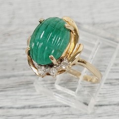 Vintage 14K Yellow Gold Carved Jade Diamond Ring 6.75 Retro Luxury Design Pretty