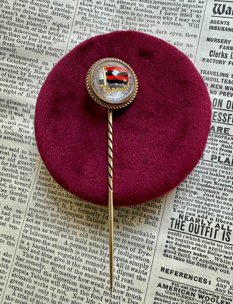 Antique 15k Reverse Painted “Florence” Reverse Painted Essex Crystal Stick Pin