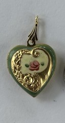 2 Vintage Enamel Heart Locket, Cornucopia, Floral 14k Gold Plated, Hand painted
