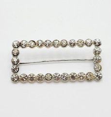 Rhinestone Open Metal Rectangle Frame Early 20th Century Silver Tone Brooch Pin