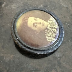 Antique Victorian Round Mourning Brooch C-Clasp Young Woman Memorial Photo 1.5”