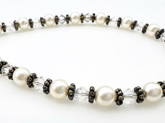 Handcrafted Antique Silver Tone Faux Pearl Crystal Bracelet Heart Toggle Clasp