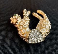 Vtg Florenza Gold Tone Glass Eyes Rhinestone Jaguar Leopard Brooch Pin
