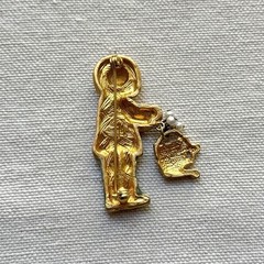 Vintage Garden Gal Enamel Brooch Pin Gold Tone Watering Can Pearl Dangles