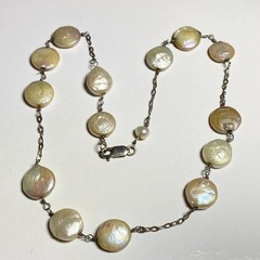 Vintage 925 Sterling Silver Cream Iridescent Coin Pearl Station Chain Necklace