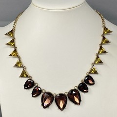 Designer Geometric Bib Necklace Brown Yellow Glass Rhinestone Gold Tone 19″
