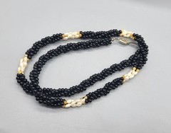 Vintage twisted black beaded small pearl necklace N1D