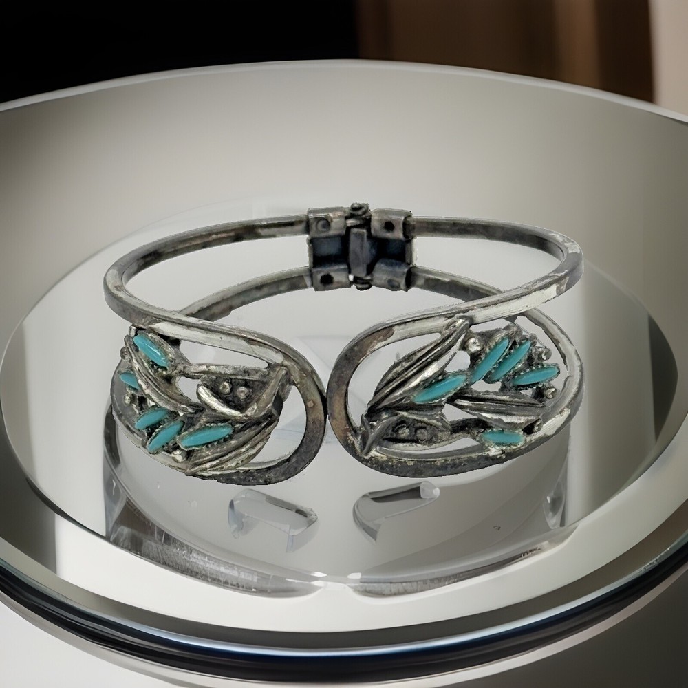 Vintage Silver & Turquoise Toned Flower Leaves Hinged Bangle Clamper Bracelet