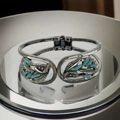 Vintage Silver & Turquoise Toned Flower Leaves Hinged Bangle Clamper Bracelet