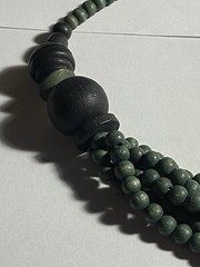 Vintage Wood Bead Necklace Dark Green Black 22.5” White Thread Spring Ring