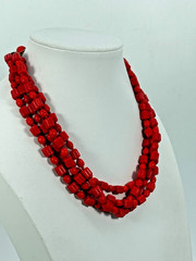 VTG Red Glass Bead Multi Strand Necklace Adjustable Length Estate Find