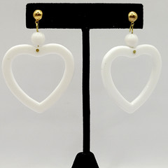 White Heart Open Center Bead Drop Dangle w Ball Stud Gold Tone Vintage Earrings