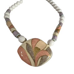 Floral Pendant Necklace Marked Japan Plastic & Stone Beads 19 In. End to End