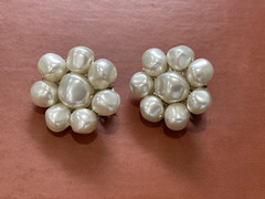 Vintage Japanese Silver Tone Metal Faux Pearl Flower Form Clip on Earrings