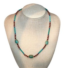 Vintage Egyptian Revival Necklace With Teal Scarab Beads & Red Gold Glass boho