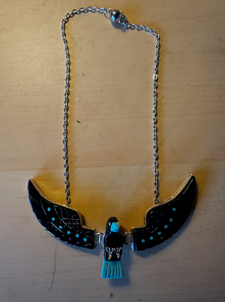 Vintage Zuni Style Thunderbird Necklace Turquoise Inlay Sterling