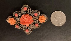 Vintage Rose Brooch Filigree Flower Floral Cut Out Prongs Leaf Peach Coral Pin