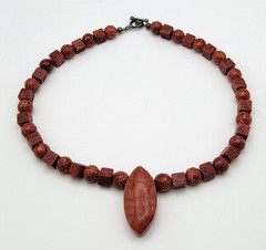 Vintage Red Coral Pendant Beaded Necklace 17.5 Inch Toggle Clasp Silver 925
