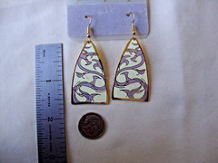 VINTAGE SAMUEL HUANG DESIGNER CLOISONNE RETRO ABSTRACT GRAY & CREAM EARRINGS