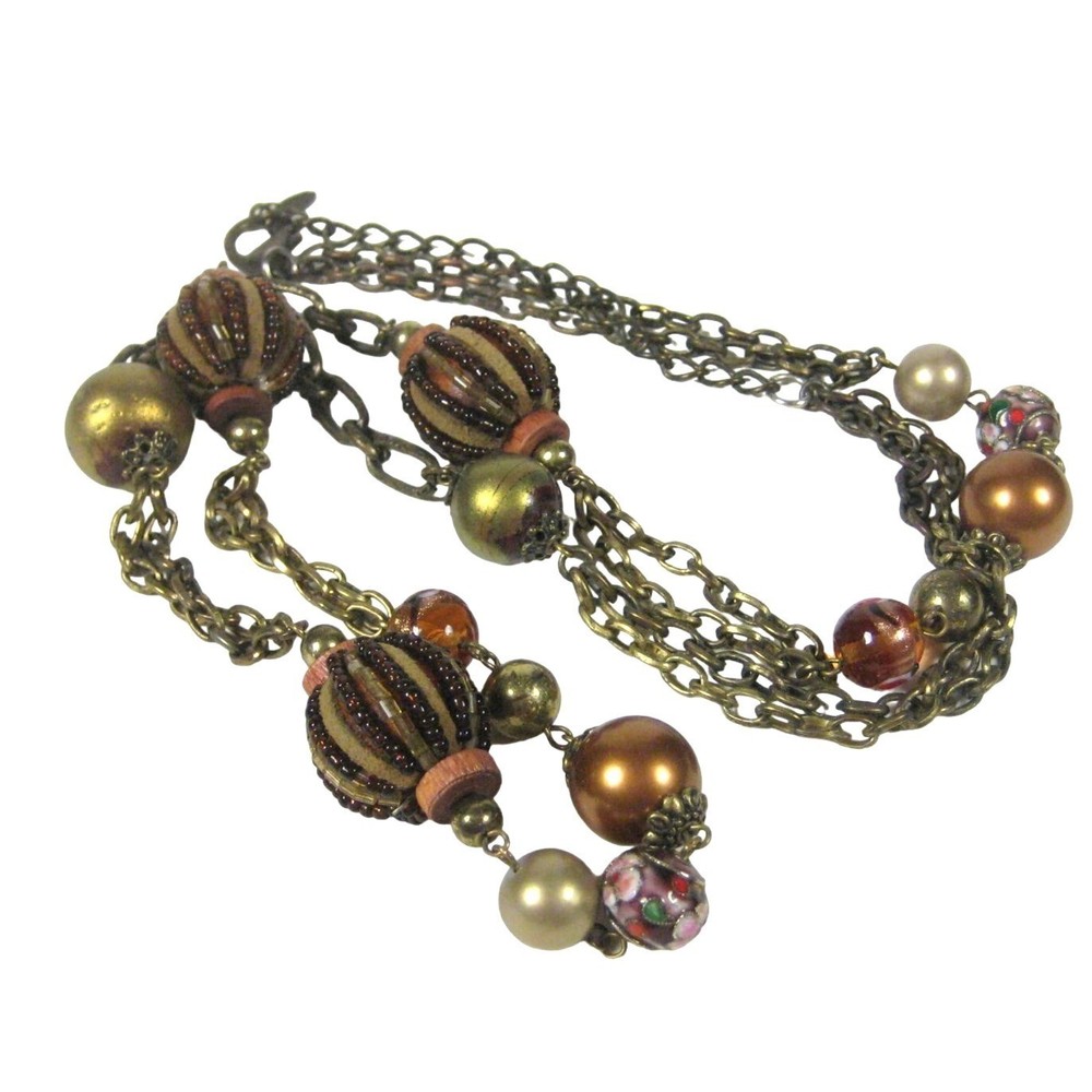 VCLM Vintage Necklace Glass Bead Strand Jewelry 36 inch Brasstone Chain