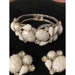 Vintage Juliana Clamper Bracelet & Earring Set Silver Tone w/ White Stones