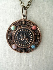 Vintage Copper Brass Faux Gemstone Knight Crest Shield Brooch Pendant Necklace
