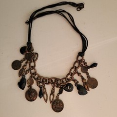 Vintage Necklace Charms Coins Jewels Metal Cording Chain 16″
