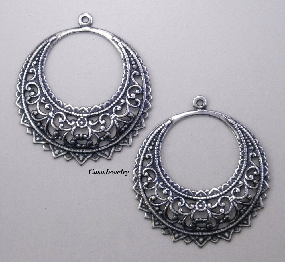 #0025 LARGE ANTIQUED STERLING S/P ROUND OPEN FILIGREE W/TOP HANG RING – 2 Pc Lot