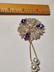 Vintage Style AB Crystal Floral Brooch Gold Tone C-Clasp Tassel Faux Pearl drop
