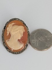 Antique Shell Cameo Brooch Pendant 800 Silver Hand Carved Classical Lady