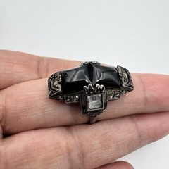 Vintage Art Deco Sterling Silver Marcasite Black Onyx Ring Size 5.25 READ