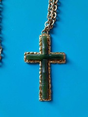 Vintage Signed SWOBODA Likely Jade Cross Pendant Chain Necklace Large 2.5in