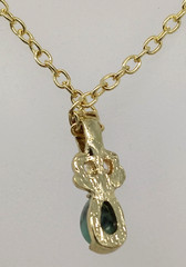 Faux Jade Green Oval Cabochon Gold Tone Pendant Chain Necklace Rhinestone Accent