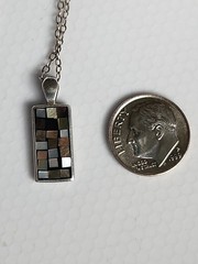 Vintage Mosaic Abalone Inset Rectangular Pendant & 18″Chain Necklace .925 Silver