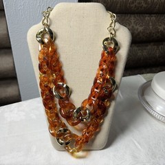 Large Link Amber Acrylic/lucite Two Tier Necklace With Gold Tone Spacer Links