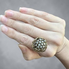Vintage Dome Cluster Ring Opalite Cabochon Gold Tone Midcentury Cocktail Sz 8