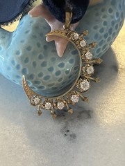 Spectacular Antique 14k Yellow Gold Diamond Crescent Moon Pendant 1920s