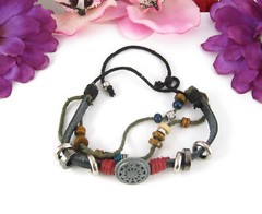 BOHO Wood Beads Silvertone Metal Round STAR Beaded THREE Strands Cording 11″