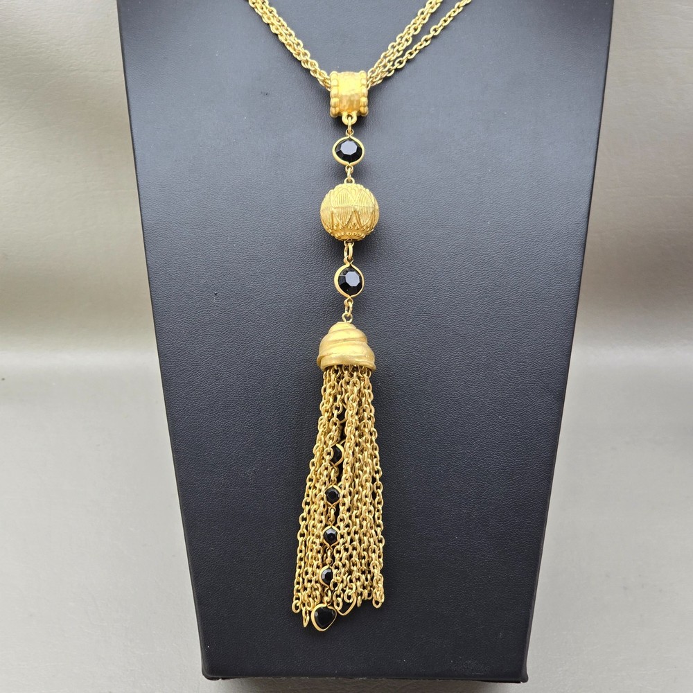 Vintage Tassel Necklace Black Gold Tone Long Layering Statement Runway